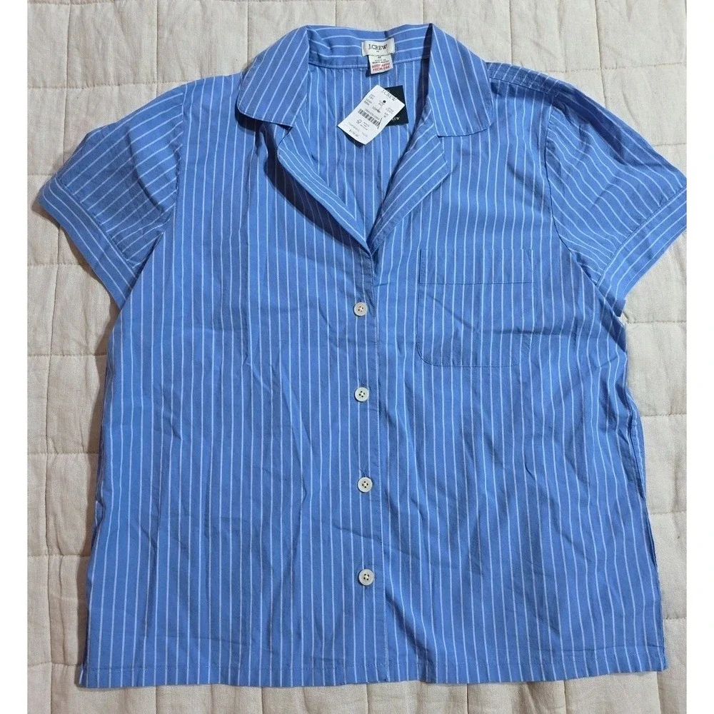 J.Crew Womens Medium Cotton Sleepwear Short Sleeve Pajama Top Blue White Stripes
